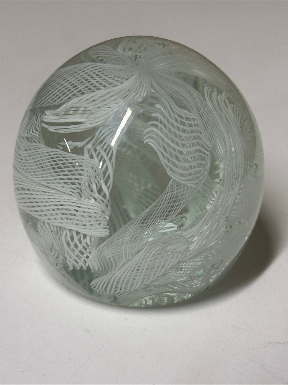 Hand-Blown Art Glass Paperweight White Latticino 3”